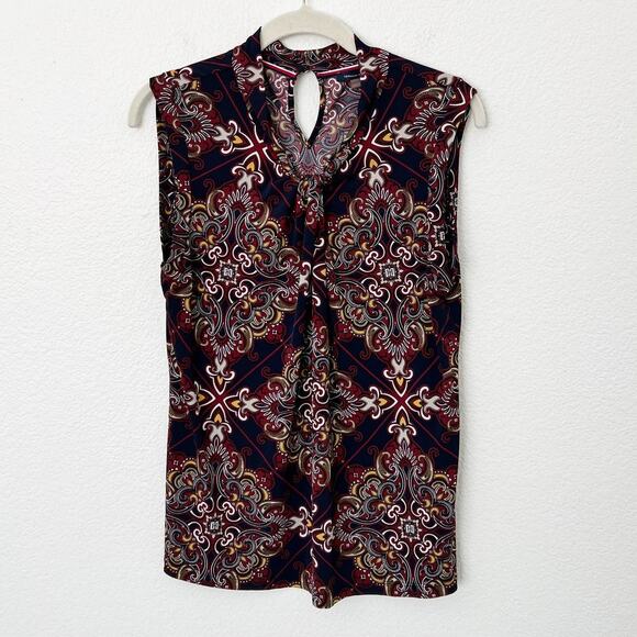 [Tommy Hilfiger] Navy Scroll Scarf Print Knot Neck Sleeveless Blouse Sz Large L - Picture 1 of 11